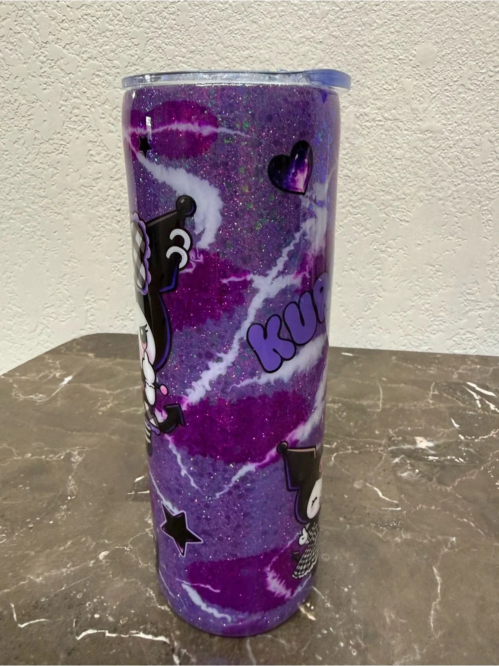Sanrio Kuromi Purple Marble Glitter 20 oz Skinny Tumbler Cup Handmade